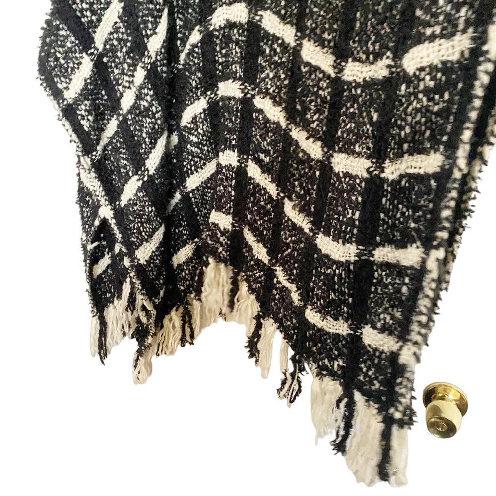 Maurices Black & White Plaid Fringe Soft Fuzzy Hooded Poncho Wrap - Picture 7 of 8